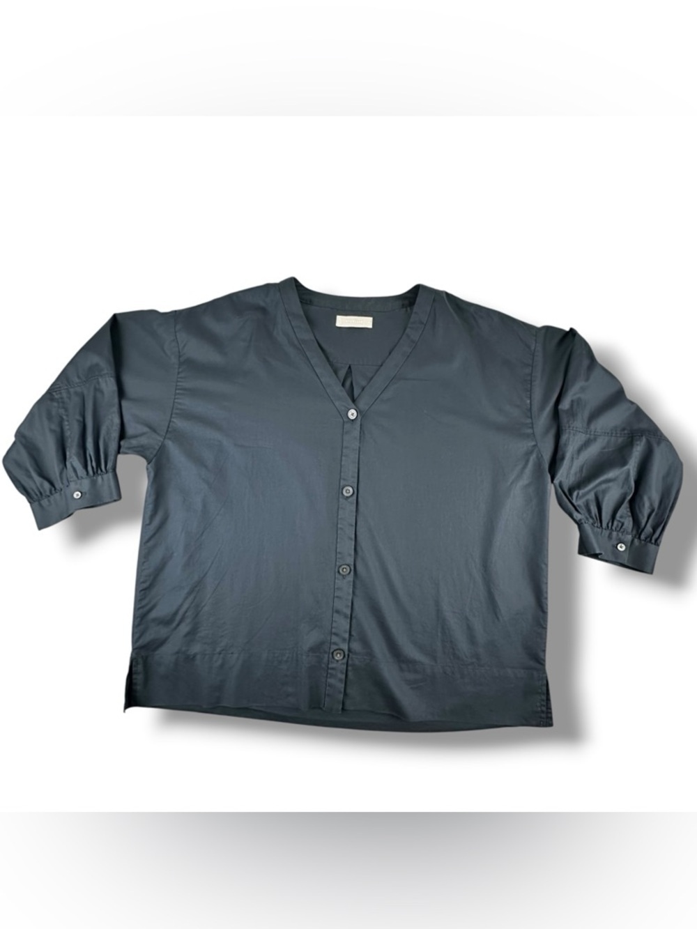 Everlane Size 14 Navy Blue V-Neck Button Down 3/4 Pleated Sleeve Blouse EUC